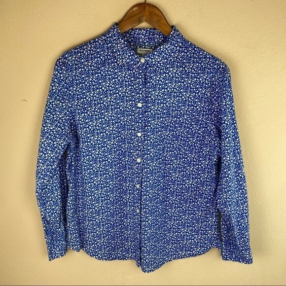 Old Navy Women's Large Petite Long Sleeve Button Down Top Blue and White - Picture 2 of 10